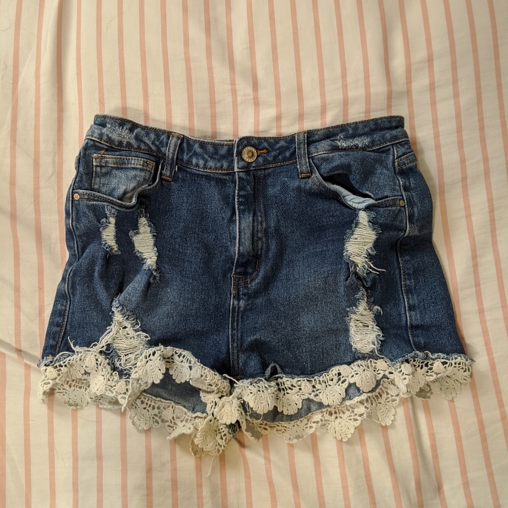 High-Rise Ruby Lace Denim Shorts